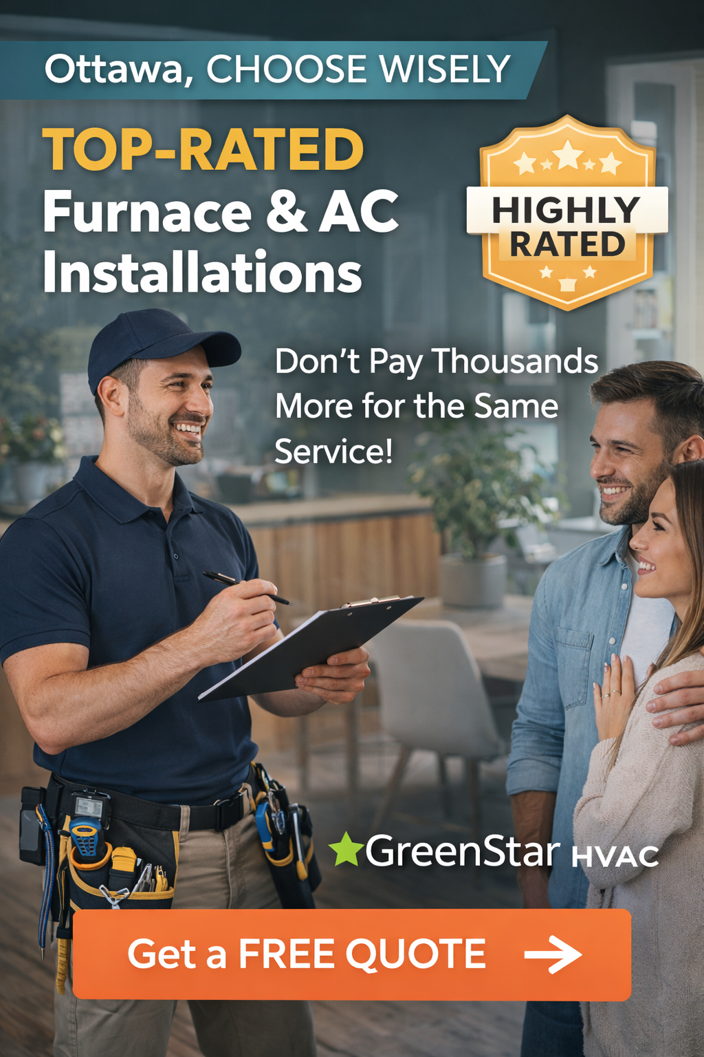 HVAC technician providing furnace and air conditioner installation quote to Ottawa homeowners inside modern home